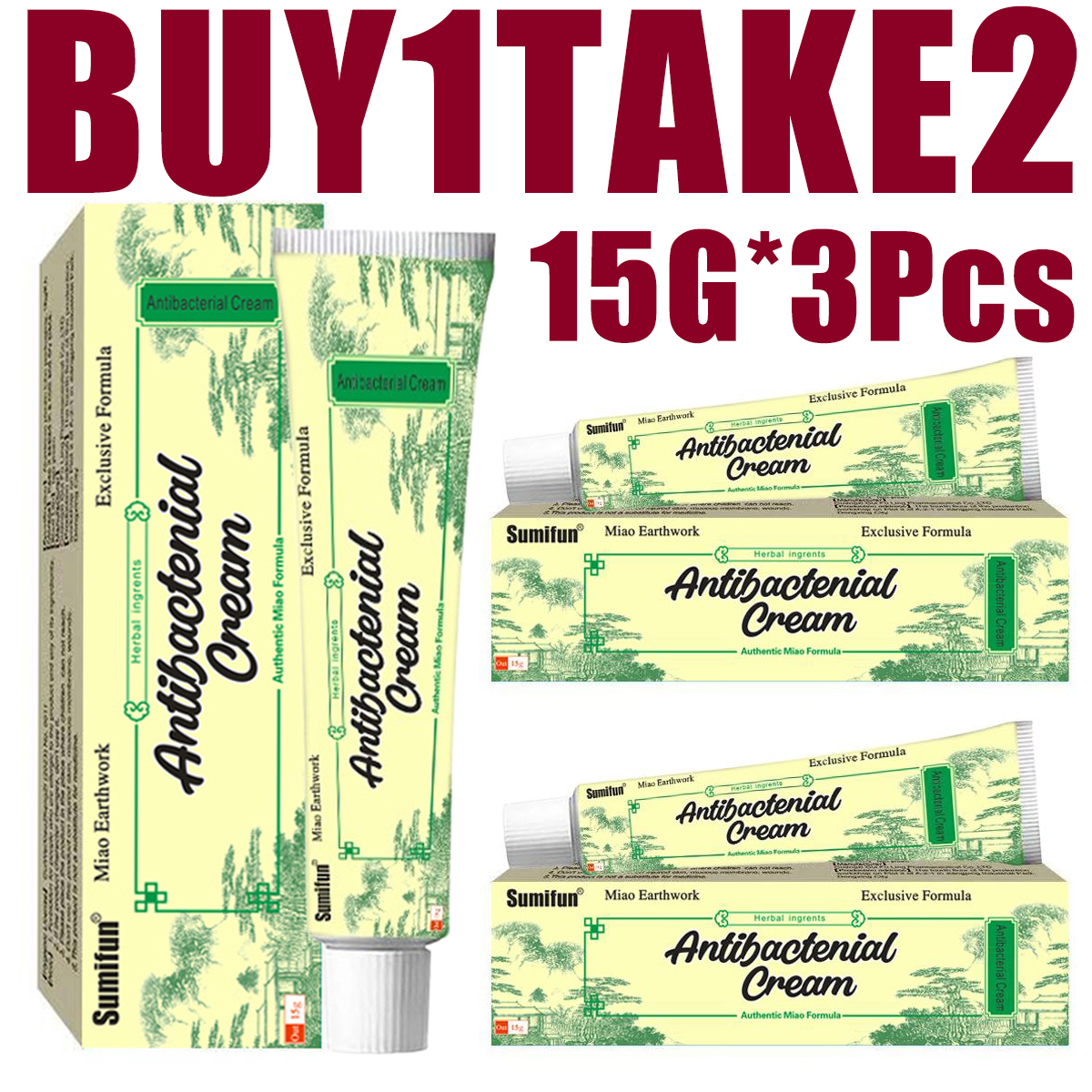 MiaoJia ZuDaiFu Buy1Take2  3Pcs 15g Skin Cream OintmentGenuine Children's Adult Senior Skin ltching Vosauito Bites Antibacteria Ointment HerbalAnti ltch Emulsifiable Paste Skin Repair SkincareAcne cle